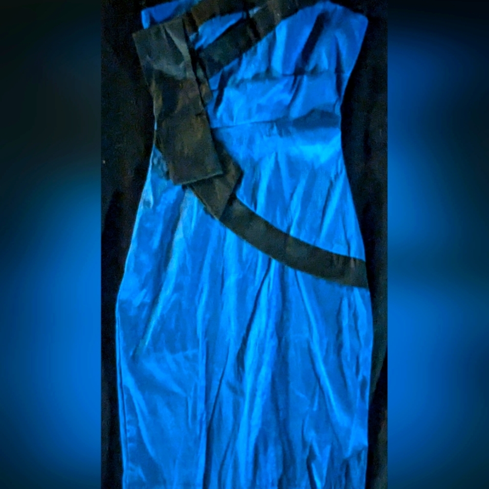Blue Cocktail Dress with Black Bow Accent